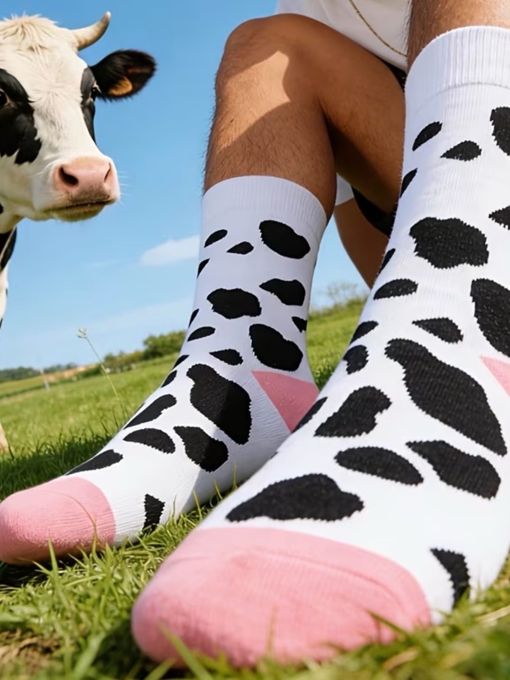 Unisex Cow Print Socks Pink Heel Toe Mid-calf 🧦🐄